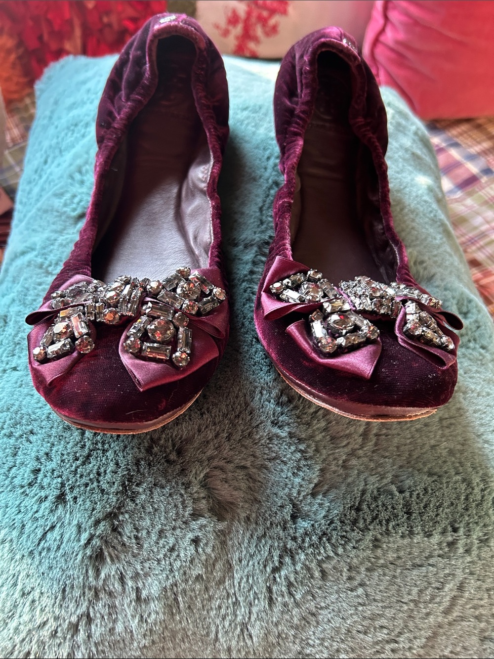 Tory Burch Plum Velvet Jeweled Bow Ballet Flats - Picture 2 of 7